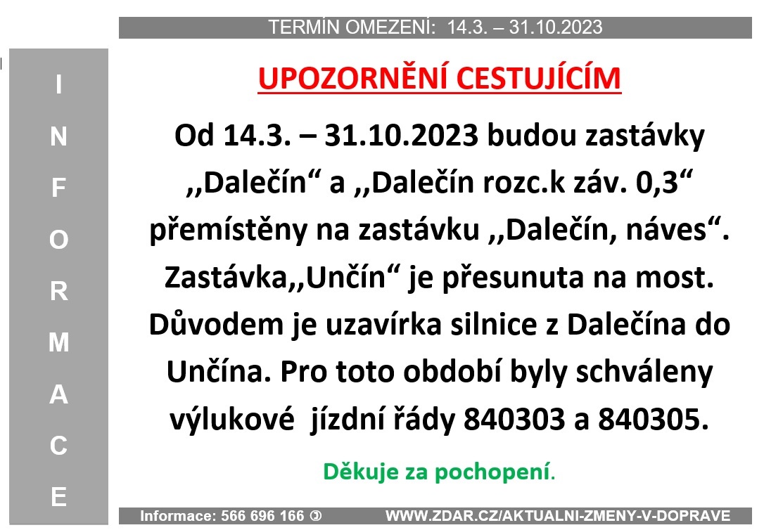 Jízdní řády po dobu uzavírky Dalečín - Unčín informace