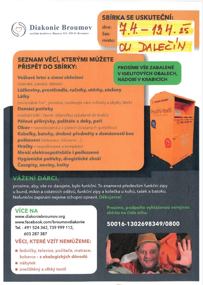Sbírka Diakonie Broumov - 7. - 13. 4. - OU Dalečín plakátek