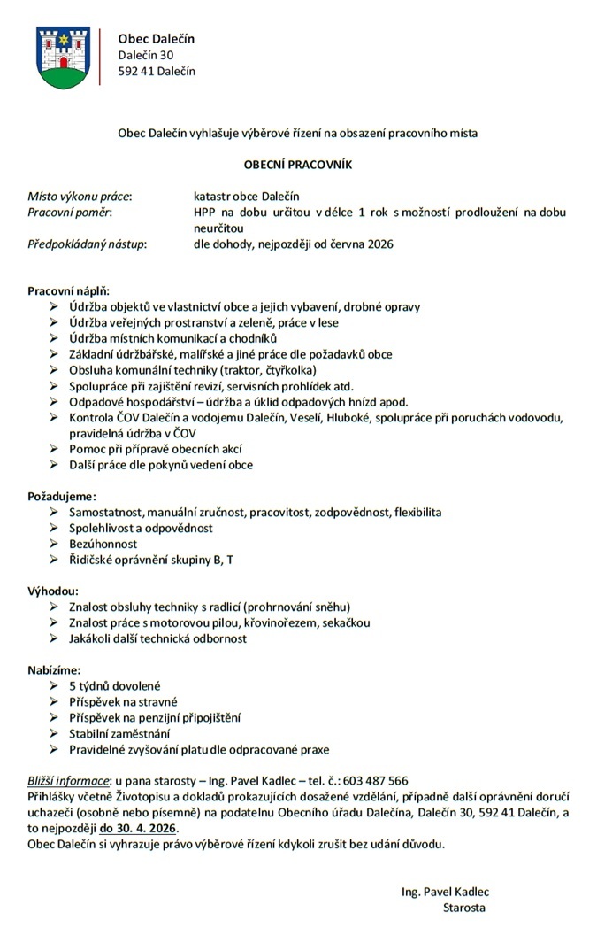 Obec Dalečín přijme dalšího obecního pracovníka - inzerát