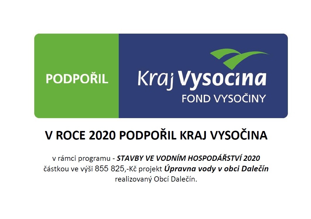 Projekt Úpravna vody v obci Dalečín podpořil Kraj Vysočina - publicita