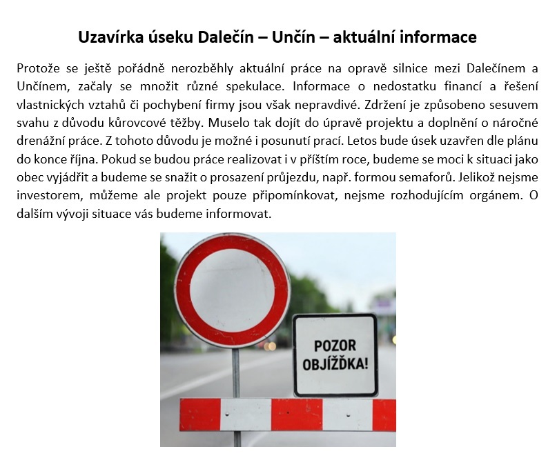 Uzavírka silnice Dalečín - Unčín - aktuální informace - detailní informace