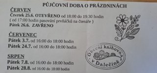 Prázdninová otevírací doba knihovny v Dalečíně - letáček